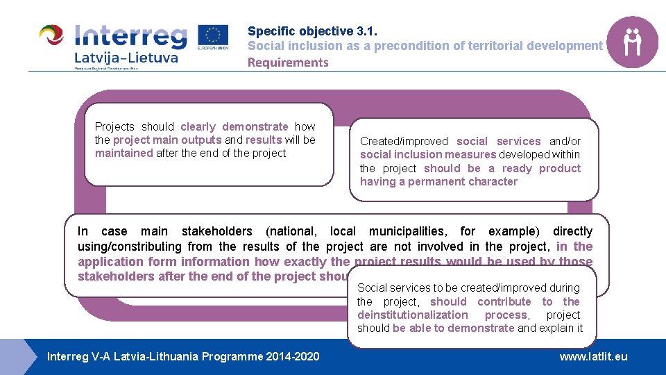 Specific objective 3. 1. Social inclusion as a precondition of territorial development Requirements Projects