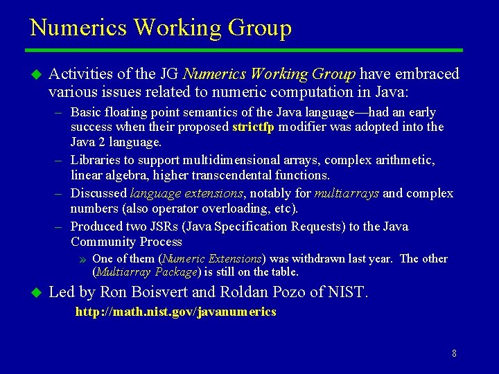 Numerics Working Group u Activities of the JG Numerics Working Group have embraced various