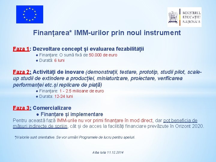 Finanțarea* IMM-urilor prin noul instrument Faza 1: Dezvoltare concept și evaluarea fezabilității ● Finanțare: