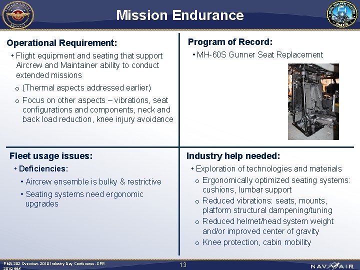 Mission Endurance Program of Record: Operational Requirement: • MH-60 S Gunner Seat Replacement •