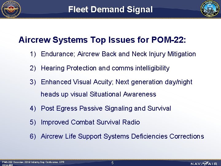 Fleet Demand Signal Aircrew Systems Top Issues for POM-22: 1) Endurance; Aircrew Back and