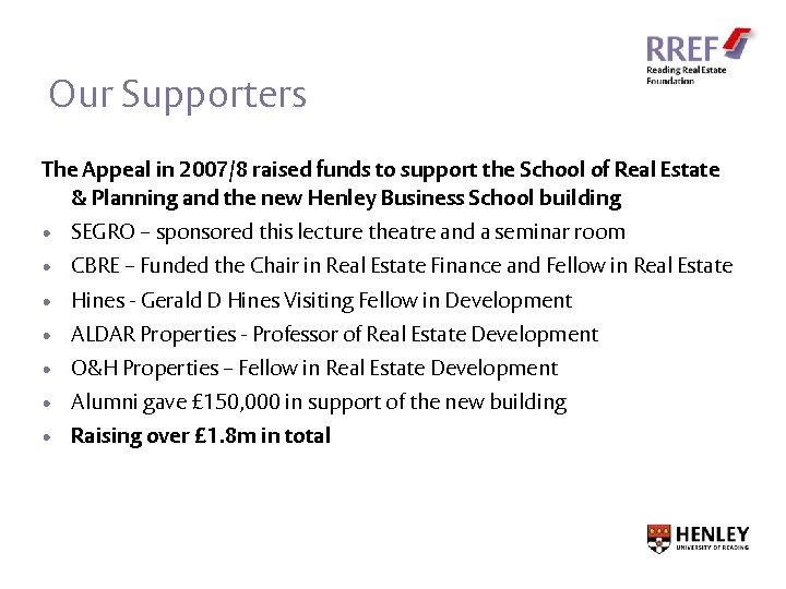 Our Supporters The Appeal in 2007/8 raised funds to support the School of Real