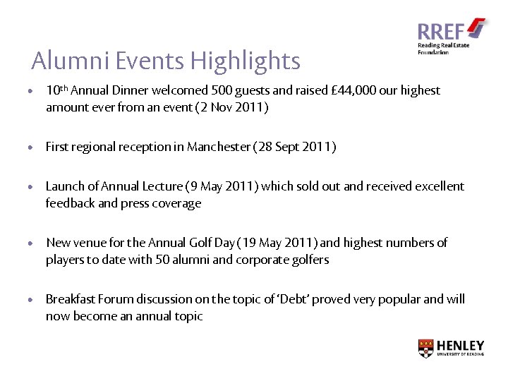 Alumni Events Highlights • 10 th Annual Dinner welcomed 500 guests and raised £