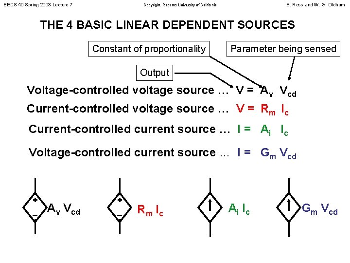 EECS 40 Spring 2003 Lecture 7 S. Ross and W. G. Oldham Copyright, Regents