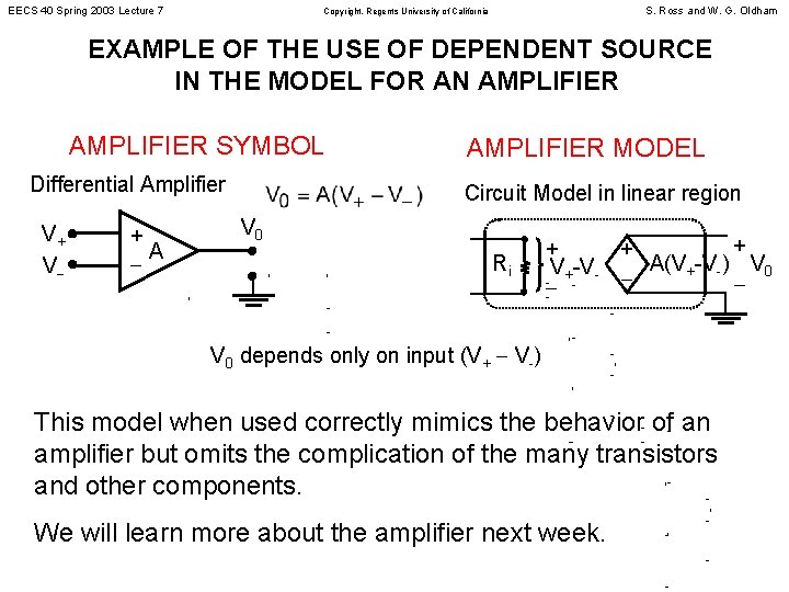 EECS 40 Spring 2003 Lecture 7 S. Ross and W. G. Oldham Copyright, Regents