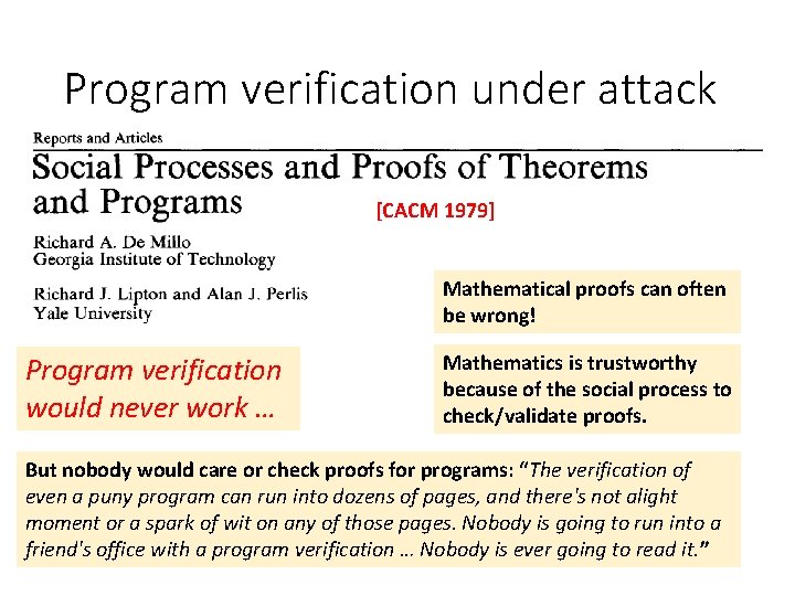 Program verification under attack [CACM 1979] Mathematical proofs can often be wrong! Program verification