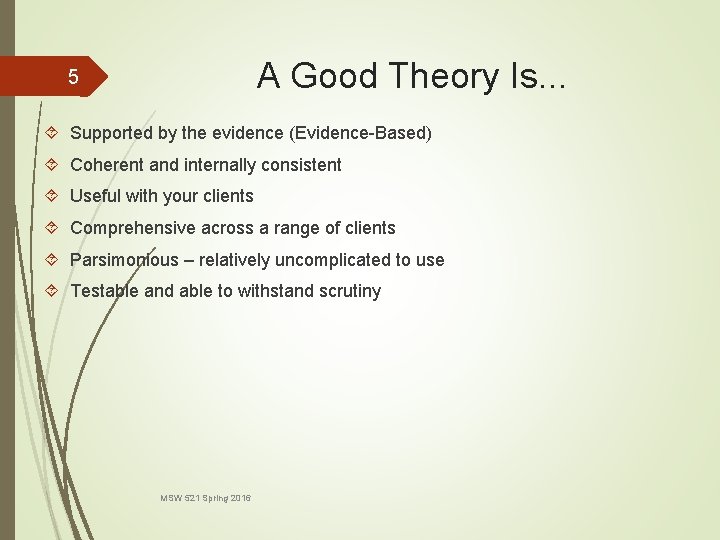 A Good Theory Is. . . 5 Supported by the evidence (Evidence-Based) Coherent and