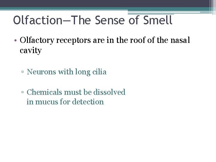 Olfaction—The Sense of Smell • Olfactory receptors are in the roof of the nasal