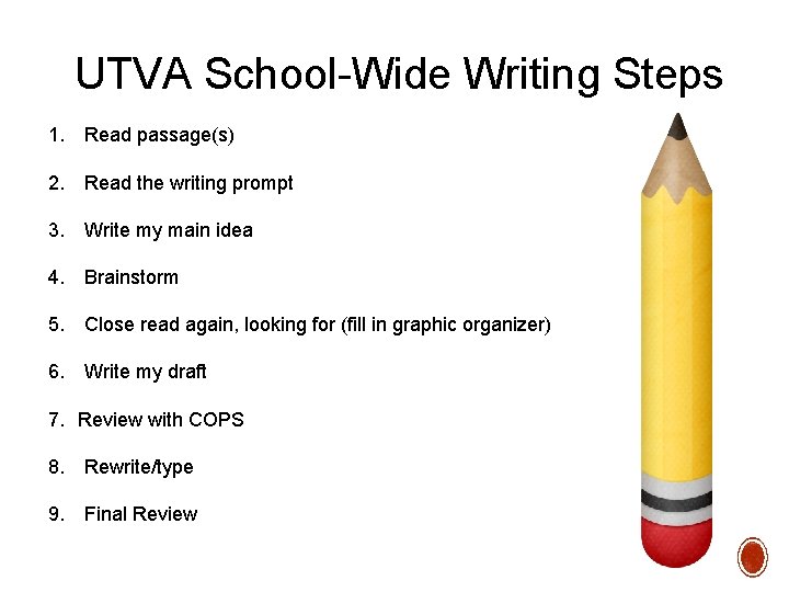 UTVA School-Wide Writing Steps 1. Read passage(s) 2. Read the writing prompt 3. Write