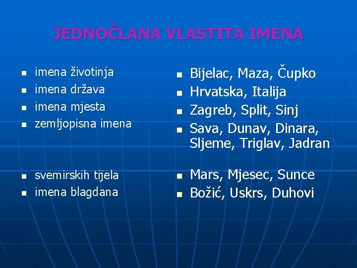 JEDNOČLANA VLASTITA IMENA n n n imena životinja imena država imena mjesta zemljopisna imena