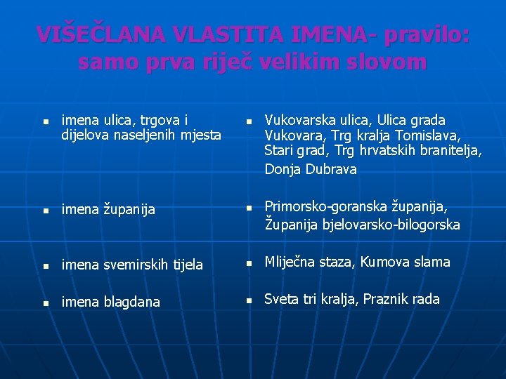 VIŠEČLANA VLASTITA IMENA- pravilo: samo prva riječ velikim slovom n imena ulica, trgova i