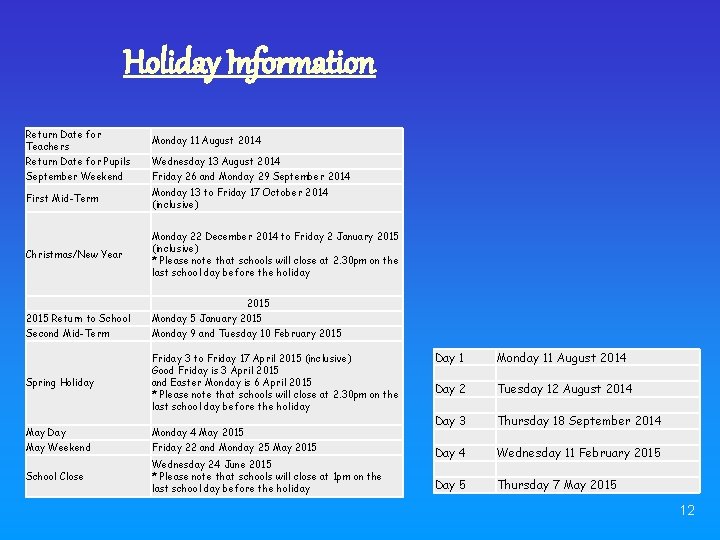 Holiday Information Return Date for Teachers Return Date for Pupils Monday 11 August 2014