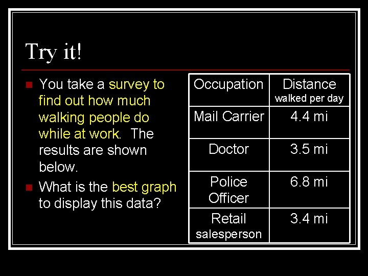 Try it! n n You take a survey to find out how much walking