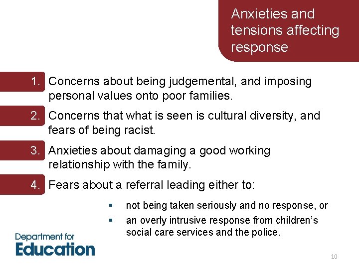 Anxieties and tensions affecting response 1. Concerns about being judgemental, and imposing personal values