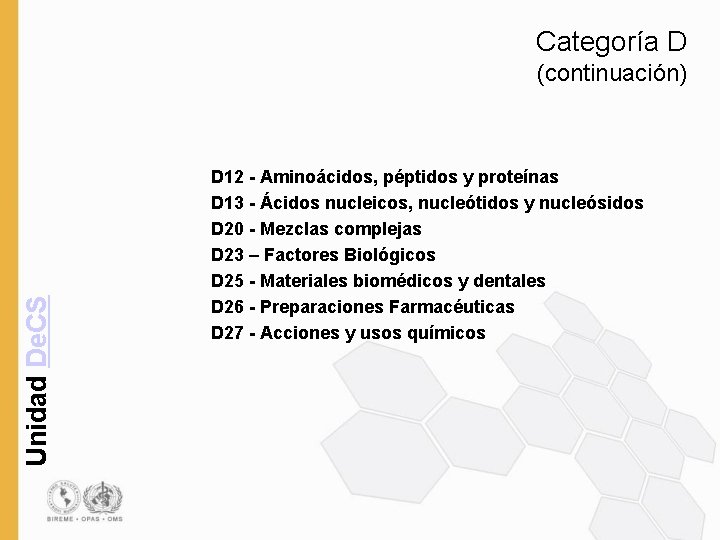 Categoría D Unidad De. CS (continuación) D 12 - Aminoácidos, péptidos y proteínas D