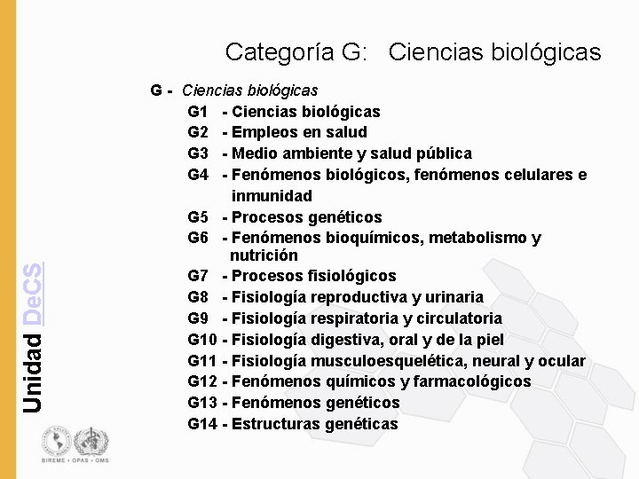Unidad De. CS Categoría G: Ciencias biológicas G - Ciencias biológicas G 1 -