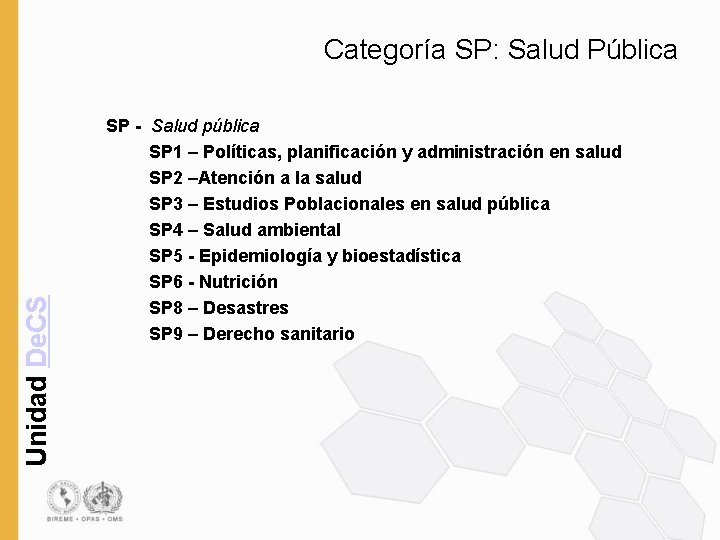 Unidad De. CS Categoría SP: Salud Pública SP - Salud pública SP 1 –