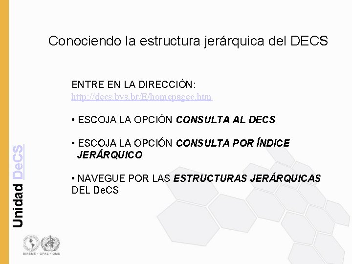Conociendo la estructura jerárquica del DECS ENTRE EN LA DIRECCIÓN: http: //decs. bvs. br/E/homepagee.