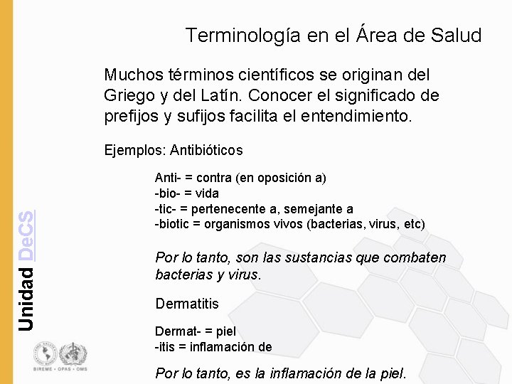 Terminología en el Área de Salud Muchos términos científicos se originan del Griego y