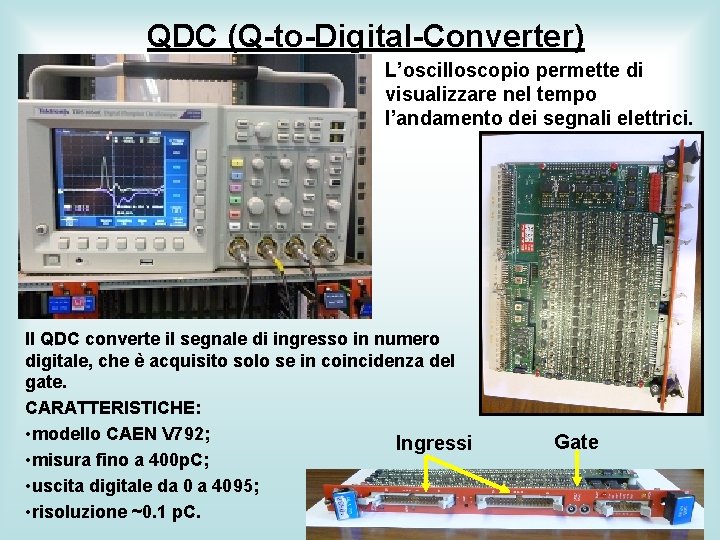 QDC (Q-to-Digital-Converter) L’oscilloscopio permette di visualizzare nel tempo l’andamento dei segnali elettrici. Il QDC