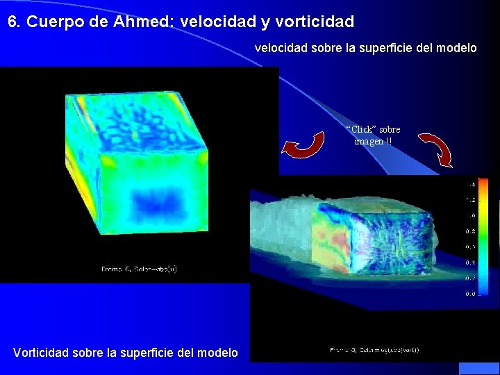 6. Cuerpo de Ahmed: velocidad y vorticidad velocidad sobre la superficie del modelo “Click”
