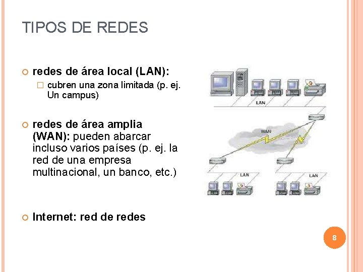 TIPOS DE REDES redes de área local (LAN): � cubren una zona limitada (p.