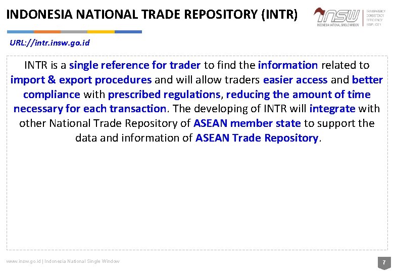 INDONESIA NATIONAL TRADE REPOSITORY (INTR) URL: //intr. insw. go. id INTR is a single