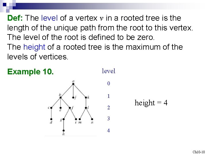 Def: The level of a vertex v in a rooted tree is the length