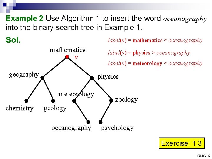 Example 2 Use Algorithm 1 to insert the word oceanography into the binary search