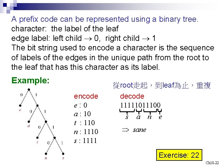 A prefix code can be represented using a binary tree. character: the label of