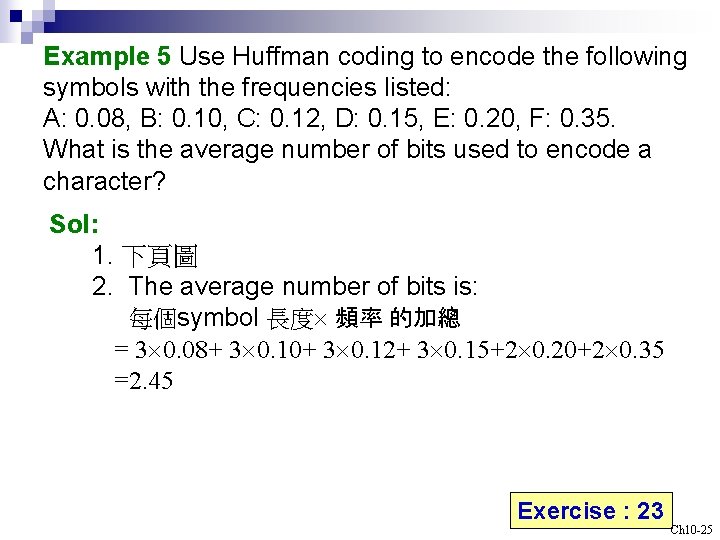 Example 5 Use Huffman coding to encode the following symbols with the frequencies listed: