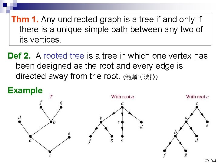 Thm 1. Any undirected graph is a tree if and only if there is