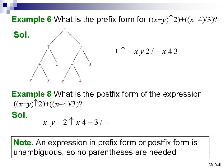 Example 6 What is the prefix form for ((x+y) 2)+((x-4)/3)? Sol. + +xy 2/-x