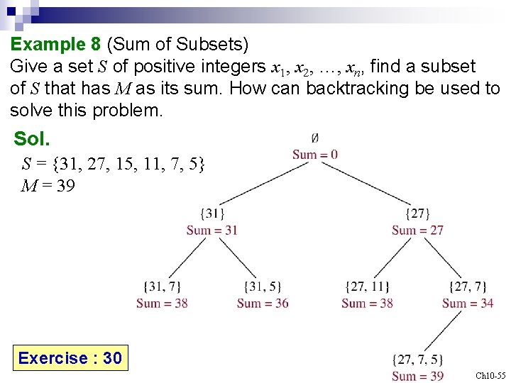 Example 8 (Sum of Subsets) Give a set S of positive integers x 1,