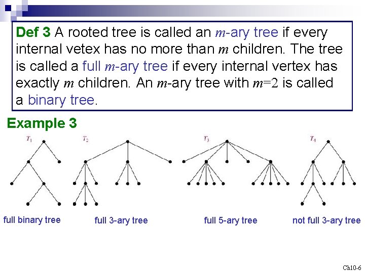 Def 3 A rooted tree is called an m-ary tree if every internal vetex