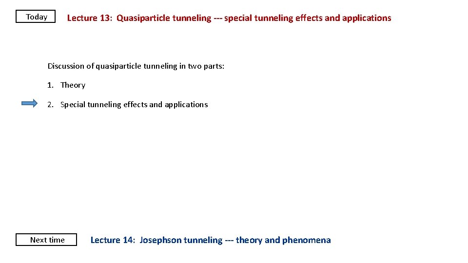 Today Lecture 13: Quasiparticle tunneling --- special tunneling effects and applications Discussion of quasiparticle