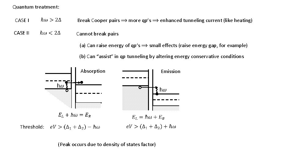 Quantum treatment: CASE I Break Cooper pairs ⟹ more qp’s ⟹ enhanced tunneling current