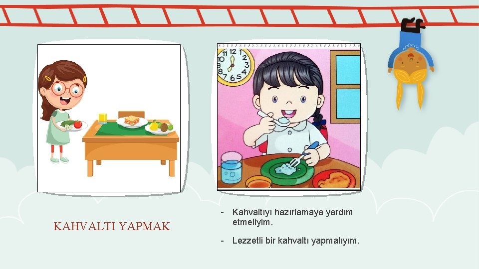 KAHVALTI YAPMAK - Kahvaltıyı hazırlamaya yardım etmeliyim. - Lezzetli bir kahvaltı yapmalıyım. 