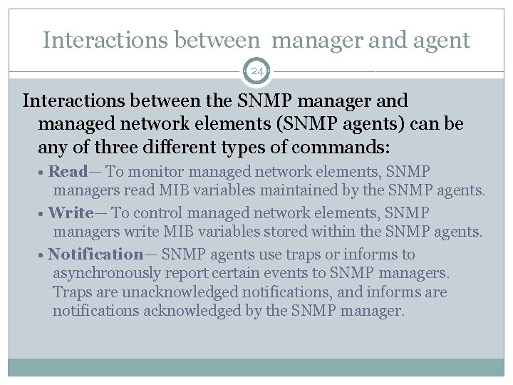 Interactions between manager and agent 24 Interactions between the SNMP manager and managed network