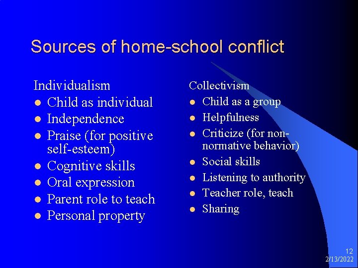 Sources of home-school conflict Individualism l Child as individual l Independence l Praise (for