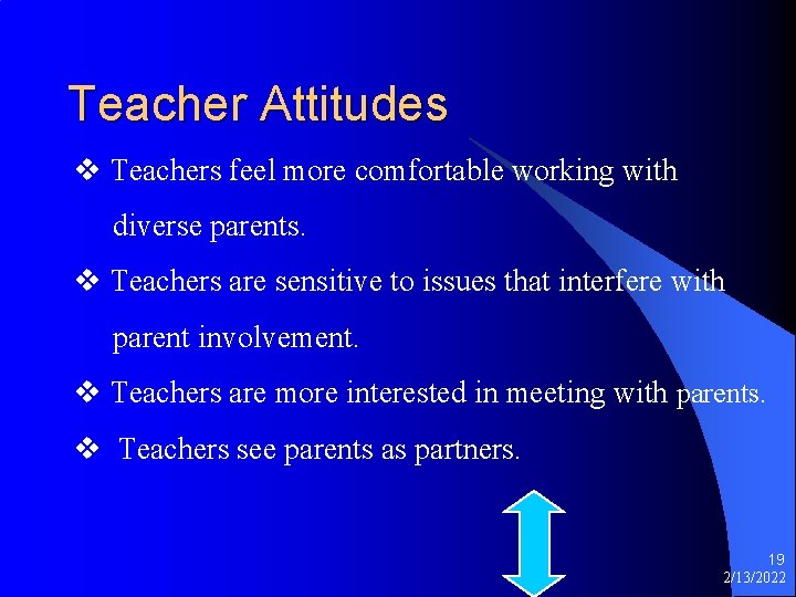 Teacher Attitudes v Teachers feel more comfortable working with diverse parents. v Teachers are