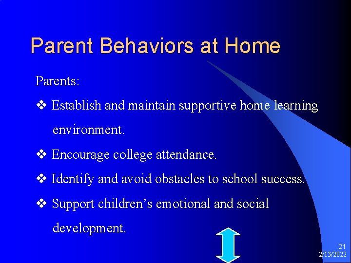 Parent Behaviors at Home Parents: v Establish and maintain supportive home learning environment. v