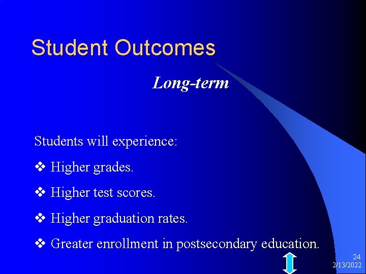 Student Outcomes Long-term Students will experience: v Higher grades. v Higher test scores. v