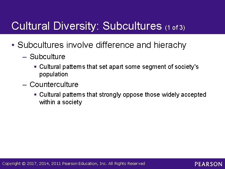 Cultural Diversity: Subcultures (1 of 3) • Subcultures involve difference and hierachy – Subculture