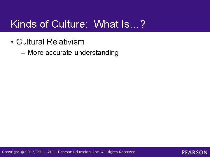 Kinds of Culture: What Is…? • Cultural Relativism – More accurate understanding Copyright ©