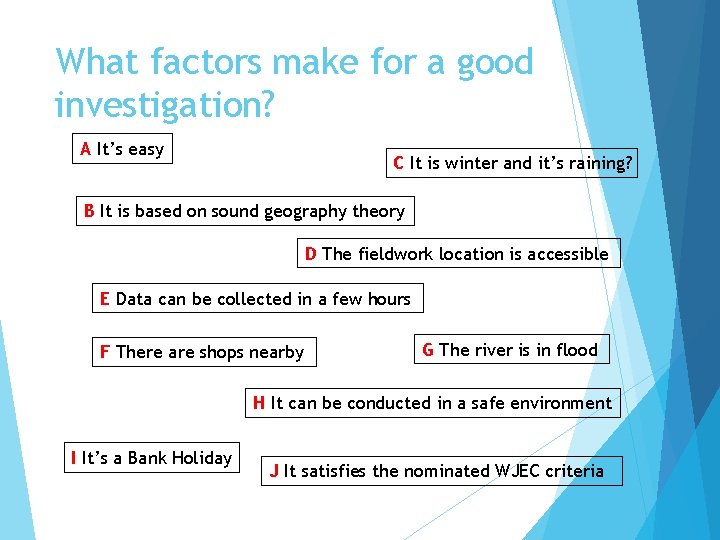 What factors make for a good investigation? A It’s easy C It is winter
