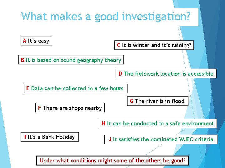 What makes a good investigation? A It’s easy C It is winter and it’s