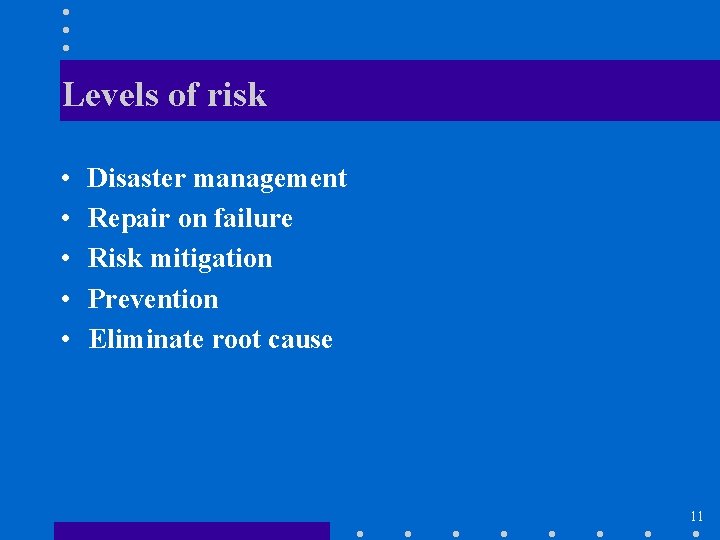 Levels of risk • • • Disaster management Repair on failure Risk mitigation Prevention