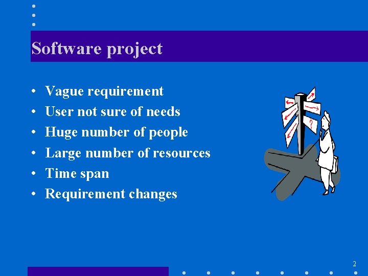 Software project • • • Vague requirement User not sure of needs Huge number