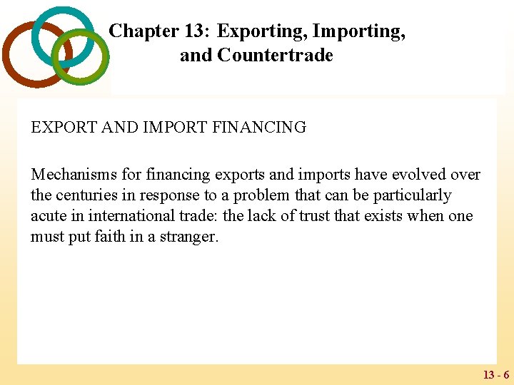 Chapter 13: Exporting, Importing, and Countertrade EXPORT AND IMPORT FINANCING Mechanisms for financing exports